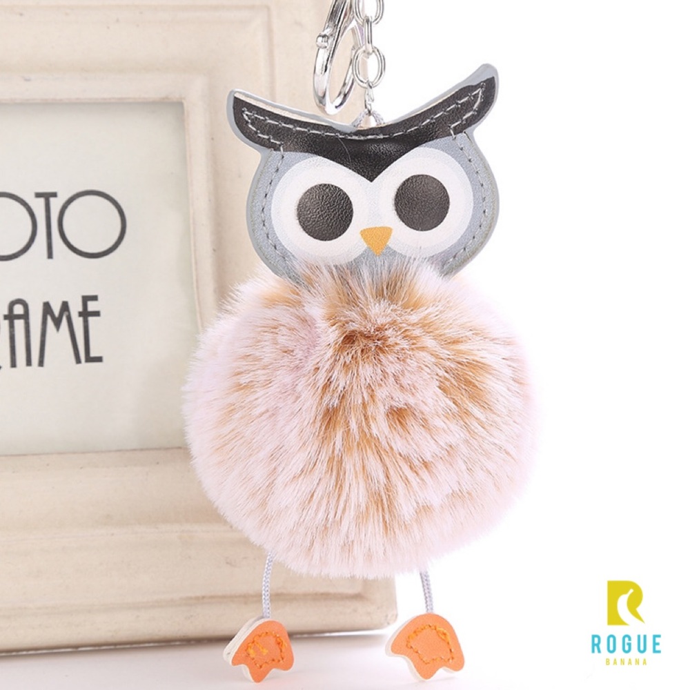 🆕Tan & White Owl Pom Silver Keychain Bag Charm